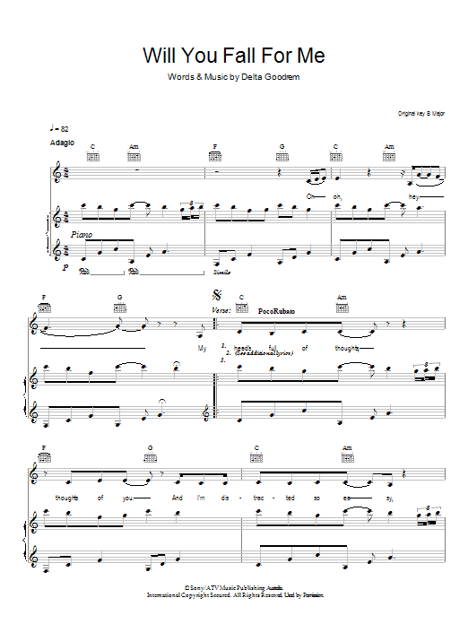 Delta Goodrem Will You Fall For Me Sheet Music Notes & Chords for Piano, Vocal & Guitar - Download or Print PDF