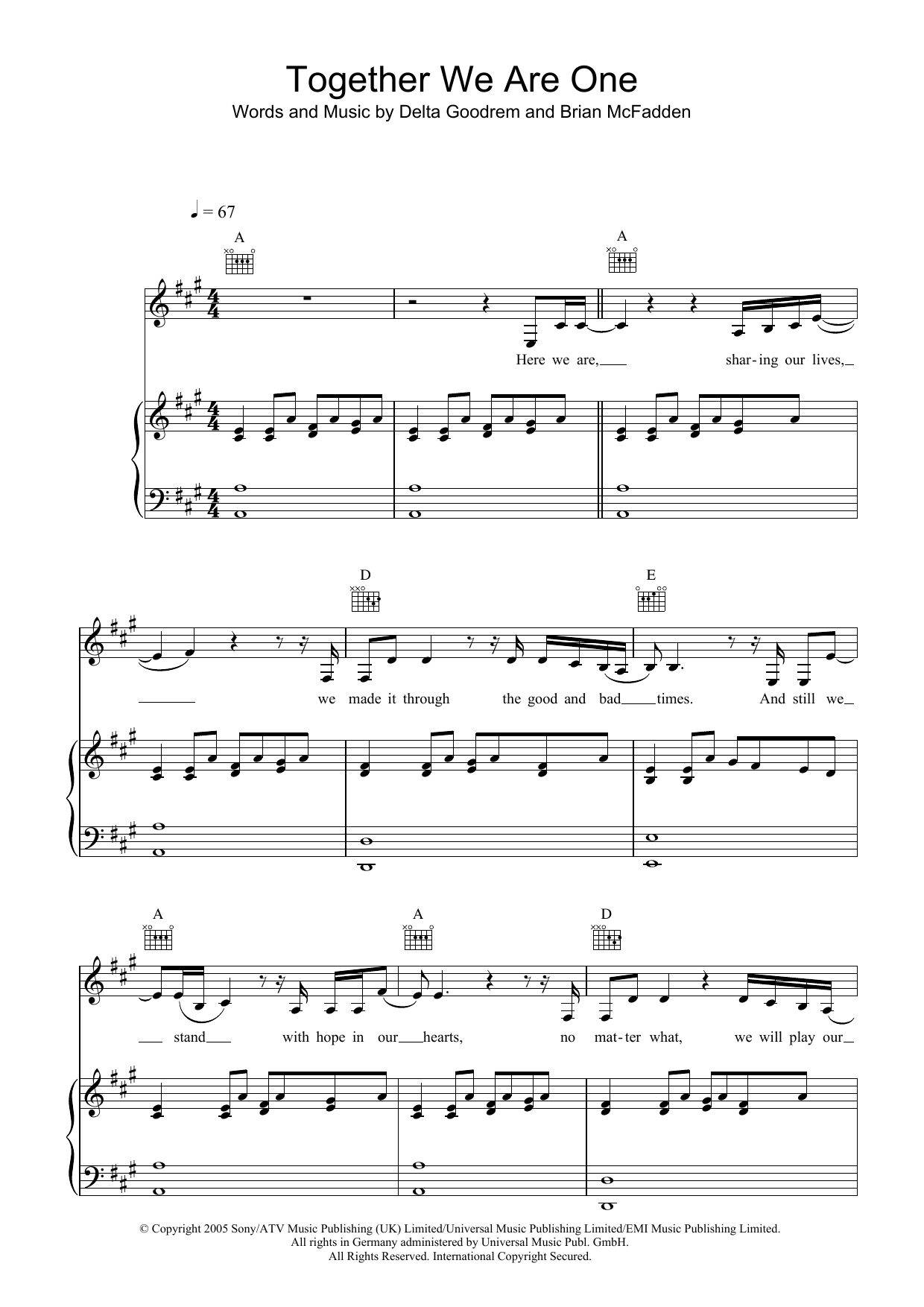 Preview Delta Goodrem Together We Are One Pop sheet music, notes and chords for Piano, Vocal & Guitar (Right-Hand Melody), SKU: 34141 Together We Are One sheet music