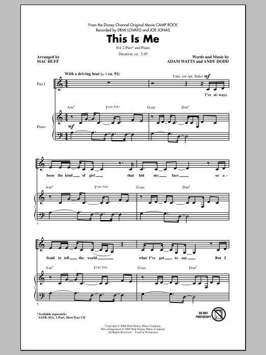 Demi Lovato & Joe Jonas This Is Me (from Camp Rock) (arr. Mac Huff) Sheet Music Notes & Chords for SSA - Download or Print PDF