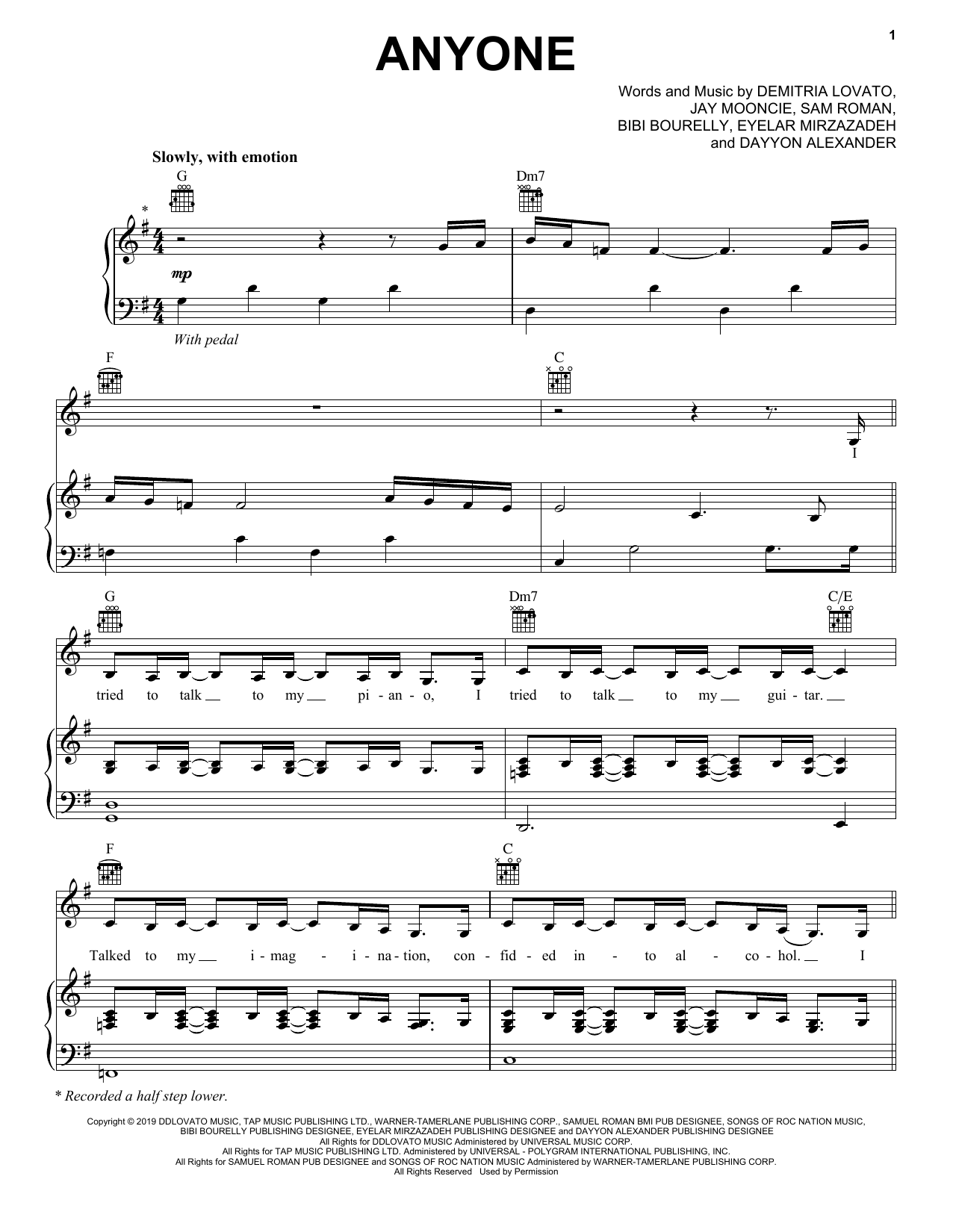 Demi Lovato Anyone Sheet Music Notes & Chords for Piano, Vocal & Guitar (Right-Hand Melody) - Download or Print PDF