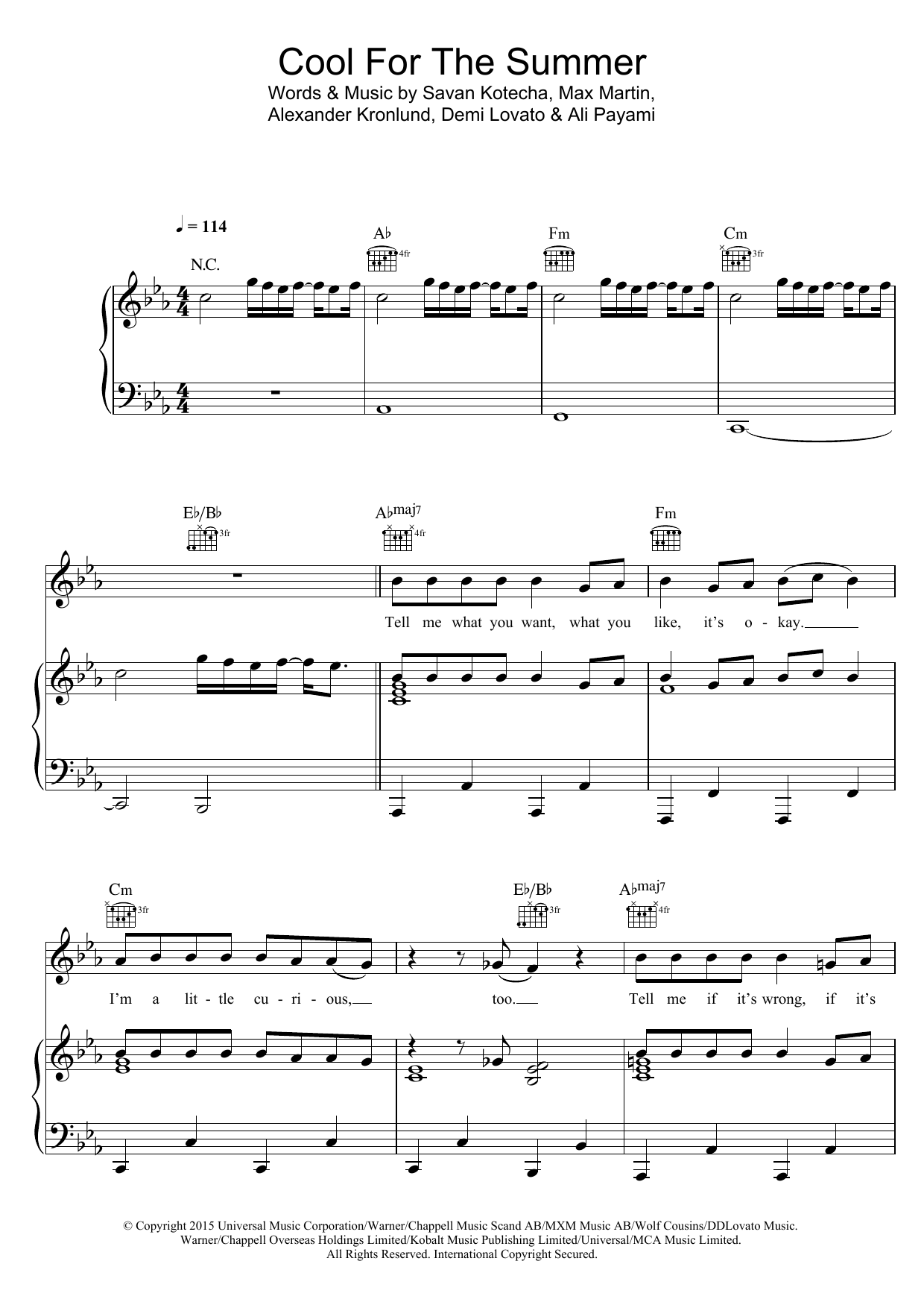 Demi Lovato Cool For The Summer Sheet Music Notes & Chords for Piano, Vocal & Guitar (Right-Hand Melody) - Download or Print PDF