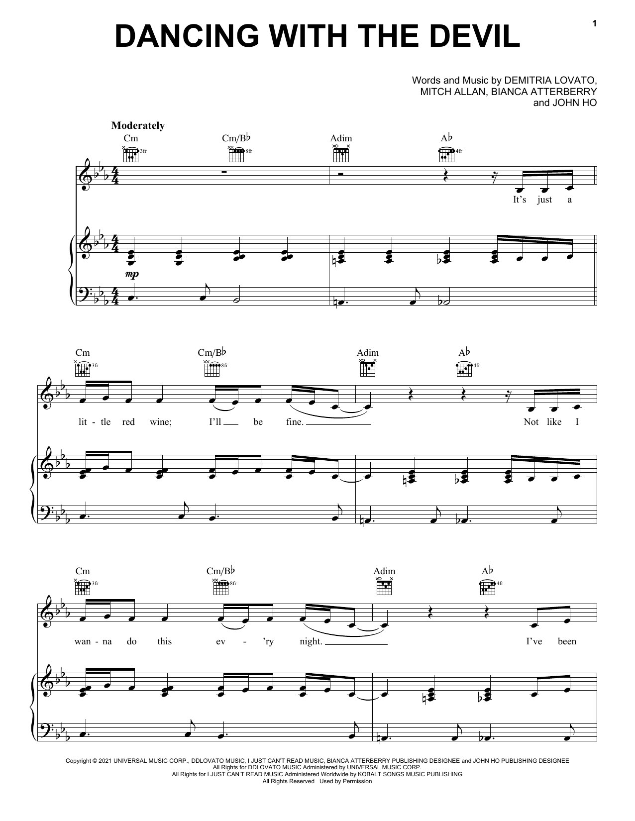 Demi Lovato Dancing With The Devil Sheet Music Notes & Chords for Piano, Vocal & Guitar (Right-Hand Melody) - Download or Print PDF