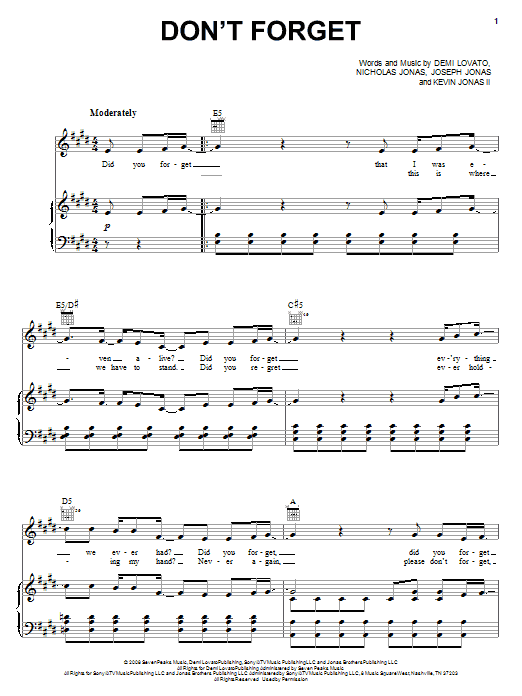 Demi Lovato Don't Forget Sheet Music Notes & Chords for Piano, Vocal & Guitar (Right-Hand Melody) - Download or Print PDF
