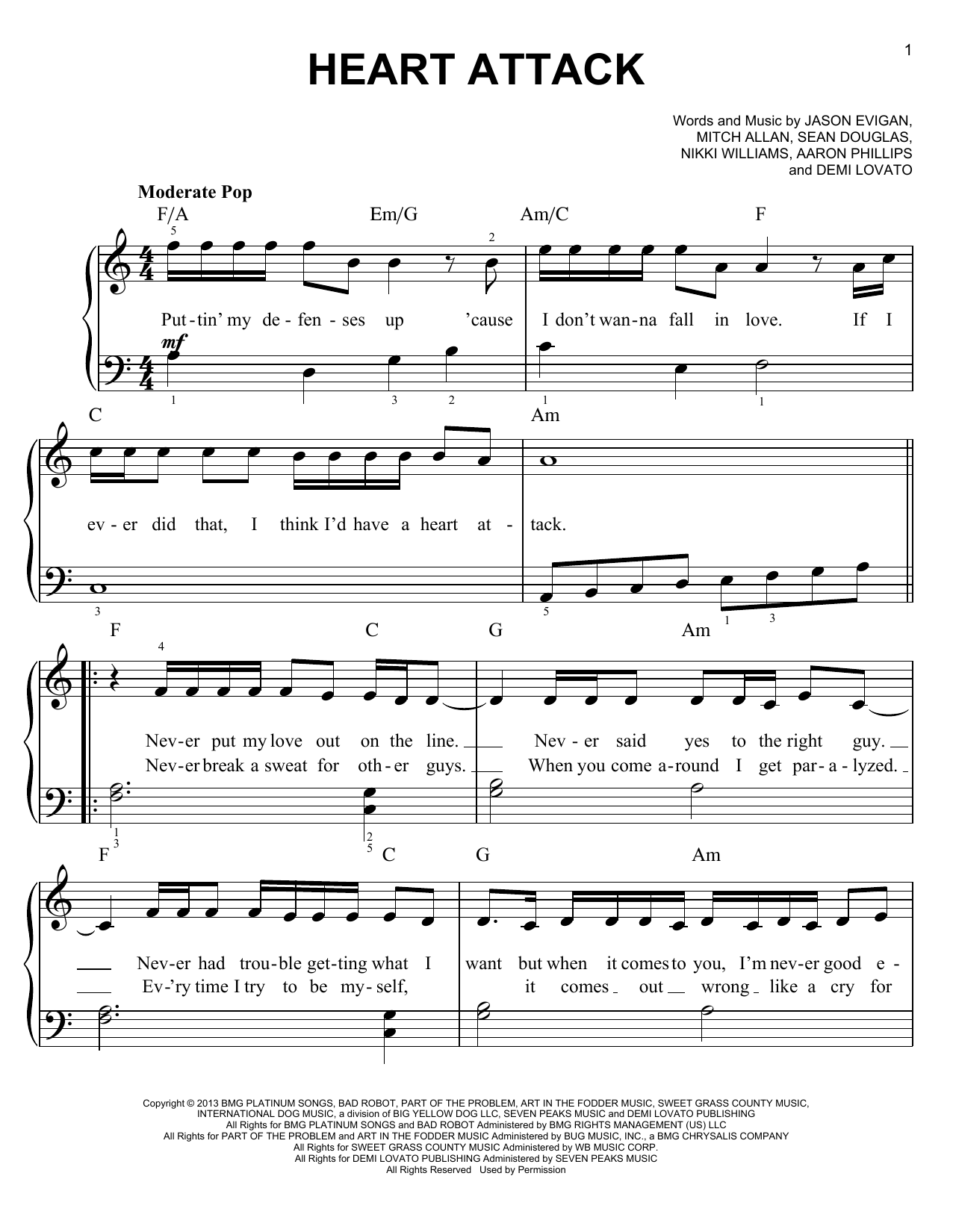 Demi Lovato Heart Attack Sheet Music Notes & Chords for Voice - Download or Print PDF