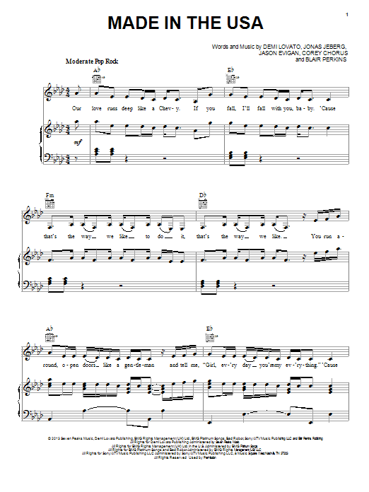 Demi Lovato Made In The USA Sheet Music Notes & Chords for Piano, Vocal & Guitar (Right-Hand Melody) - Download or Print PDF