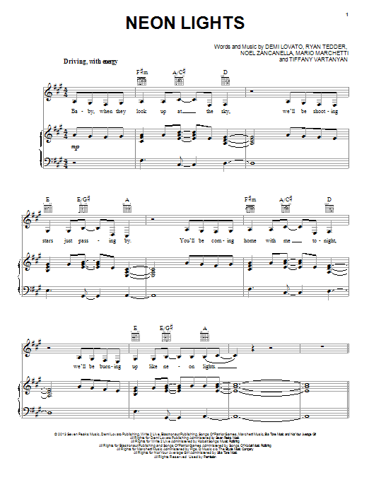 Demi Lovato Neon Lights Sheet Music Notes & Chords for Piano, Vocal & Guitar (Right-Hand Melody) - Download or Print PDF