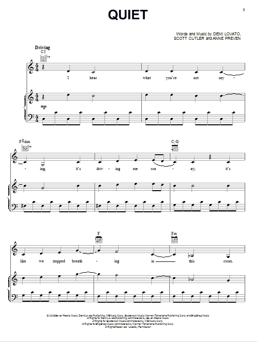 Demi Lovato Quiet Sheet Music Notes & Chords for Piano, Vocal & Guitar (Right-Hand Melody) - Download or Print PDF