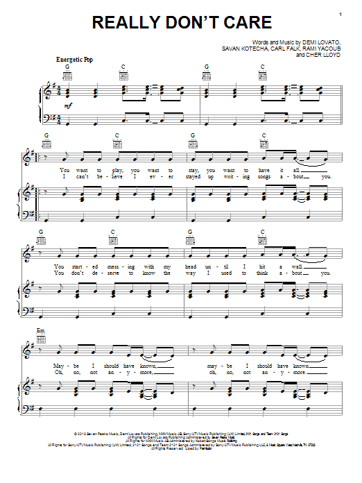 Demi Lovato Really Don't Care Sheet Music Notes & Chords for Piano, Vocal & Guitar (Right-Hand Melody) - Download or Print PDF