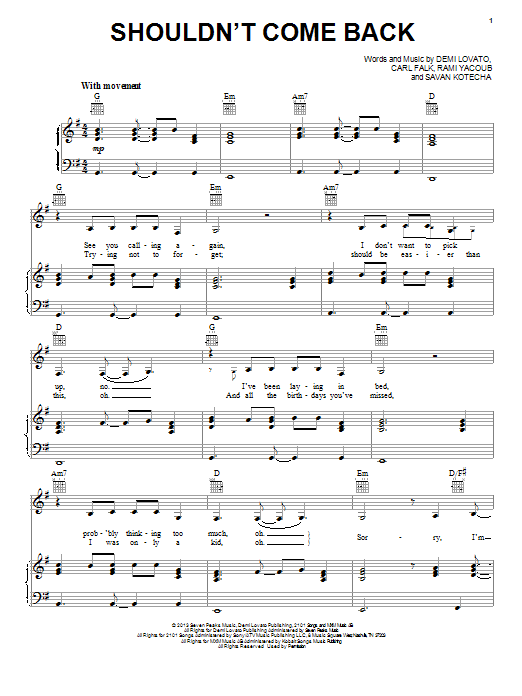 Demi Lovato Shouldn't Come Back Sheet Music Notes & Chords for Piano, Vocal & Guitar (Right-Hand Melody) - Download or Print PDF