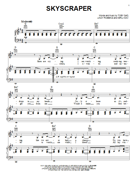 Demi Lovato Skyscraper Sheet Music Notes & Chords for Very Easy Piano - Download or Print PDF