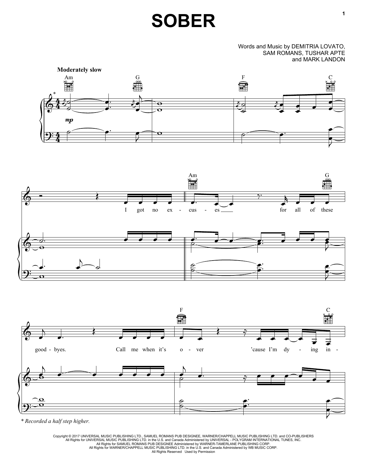 Demi Lovato Sober Sheet Music Notes & Chords for Piano, Vocal & Guitar (Right-Hand Melody) - Download or Print PDF