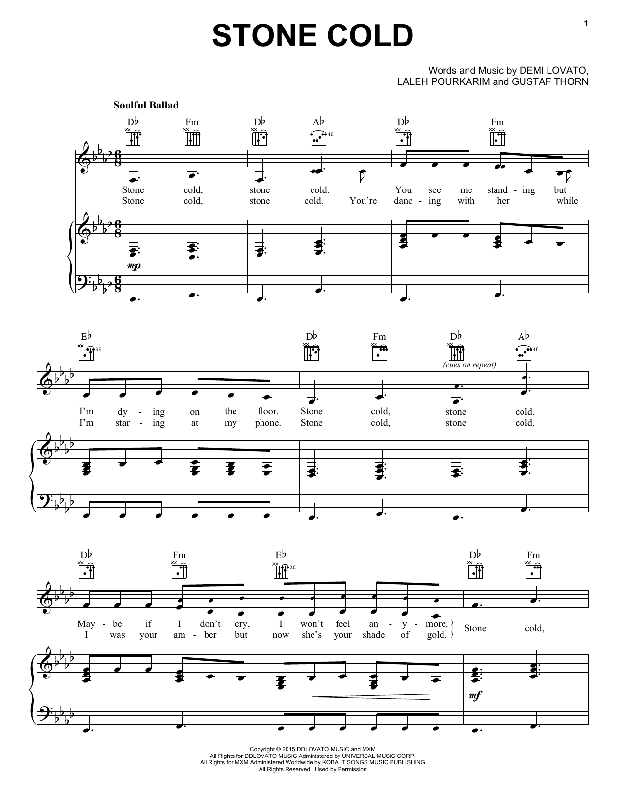 Demi Lovato Stone Cold Sheet Music Notes & Chords for Piano, Vocal & Guitar (Right-Hand Melody) - Download or Print PDF