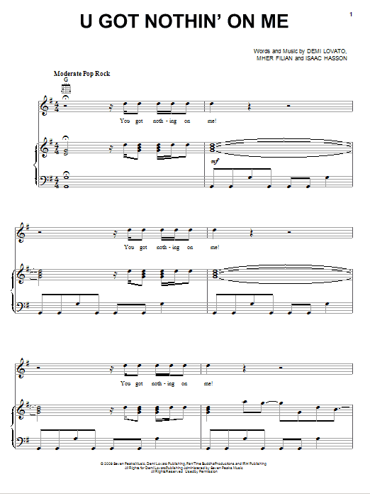 Demi Lovato U Got Nothin' On Me Sheet Music Notes & Chords for Piano, Vocal & Guitar (Right-Hand Melody) - Download or Print PDF
