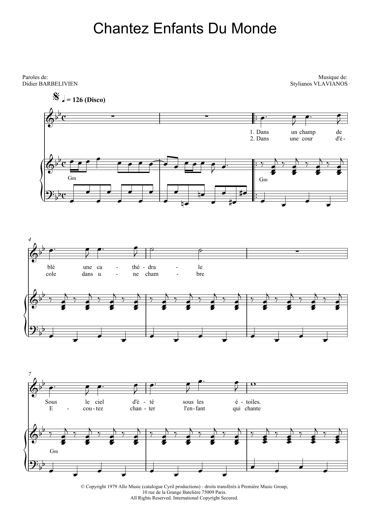 Demis Roussos Chantez Enfants Du Monde Sheet Music Notes & Chords for Piano & Vocal - Download or Print PDF