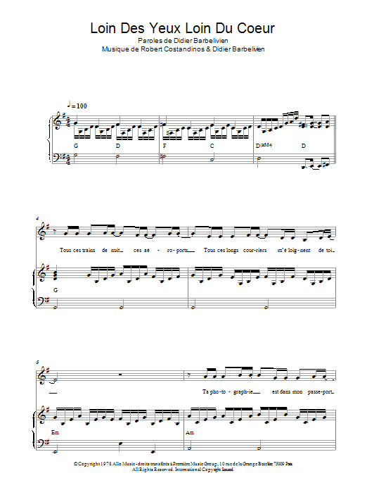 Demis Roussos Loin Des Yeux Loin Du Coeur Sheet Music Notes & Chords for Piano & Vocal - Download or Print PDF
