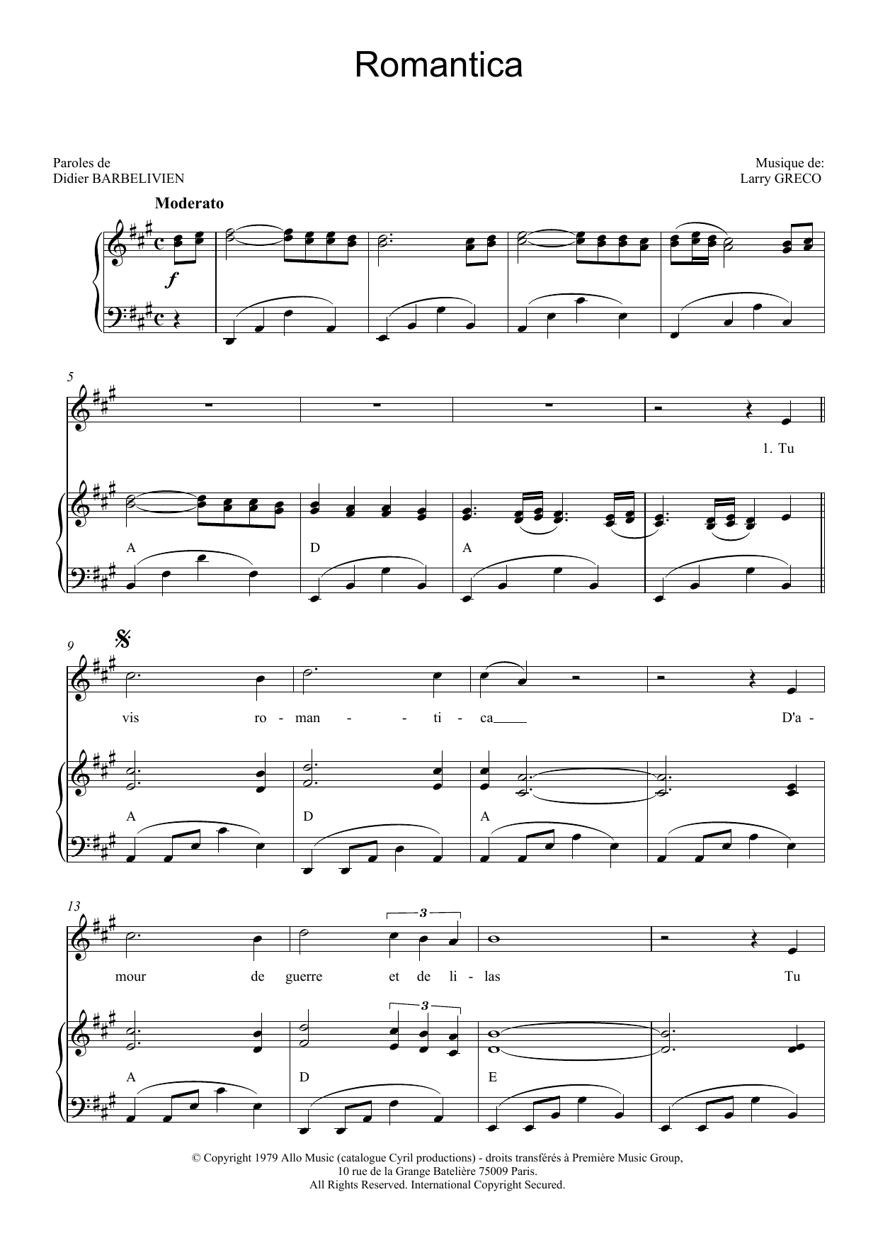 Demis Roussos Romantica Sheet Music Notes & Chords for Piano, Vocal & Guitar (Right-Hand Melody) - Download or Print PDF