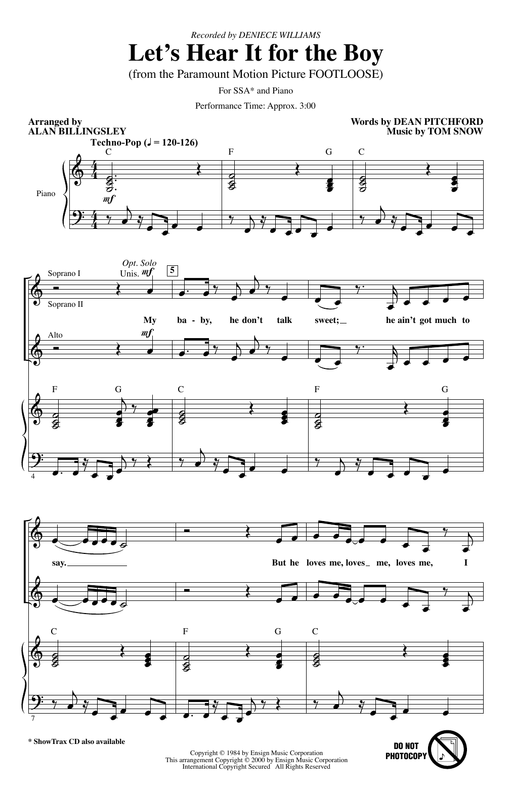 Deniece Williams Let's Hear It For The Boy (from Footloose) (arr. Alan Billingsley) Sheet Music Notes & Chords for SSA Choir - Download or Print PDF