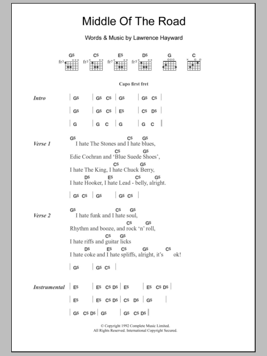 Denim Middle Of The Road Sheet Music Notes & Chords for Lyrics & Chords - Download or Print PDF