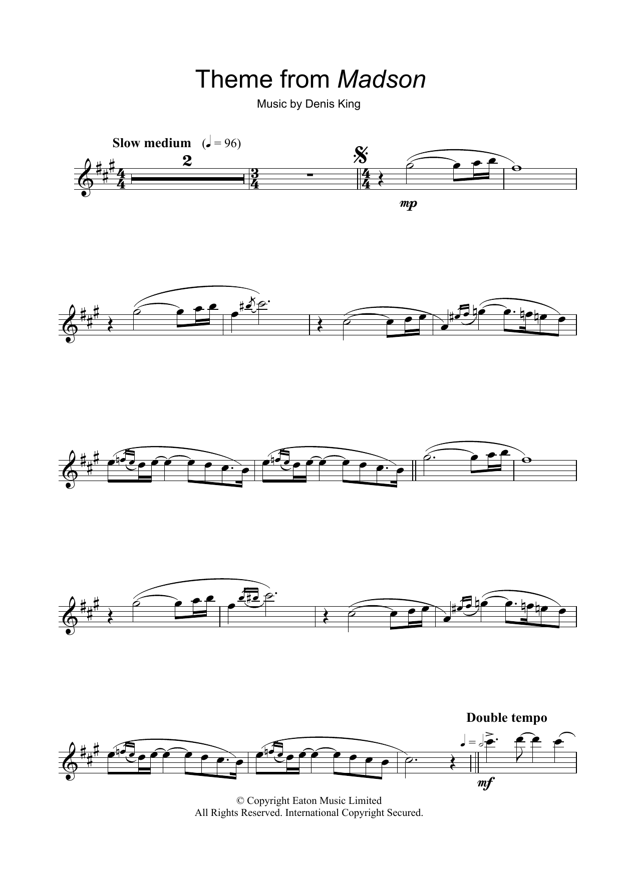 Denis King Theme from Madson Sheet Music Notes & Chords for Flute - Download or Print PDF