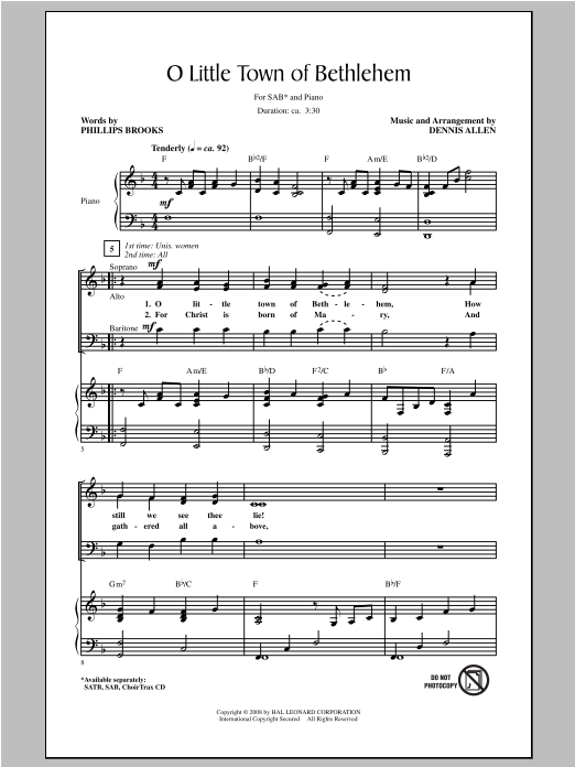 Dennis Allen O Little Town of Bethlehem Sheet Music Notes & Chords for SAB - Download or Print PDF
