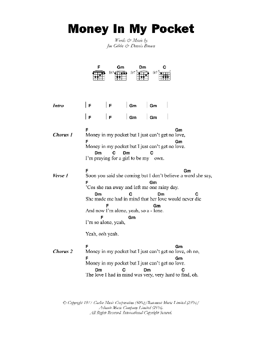 Dennis Brown Money In My Pocket Sheet Music Notes & Chords for Lyrics & Chords - Download or Print PDF