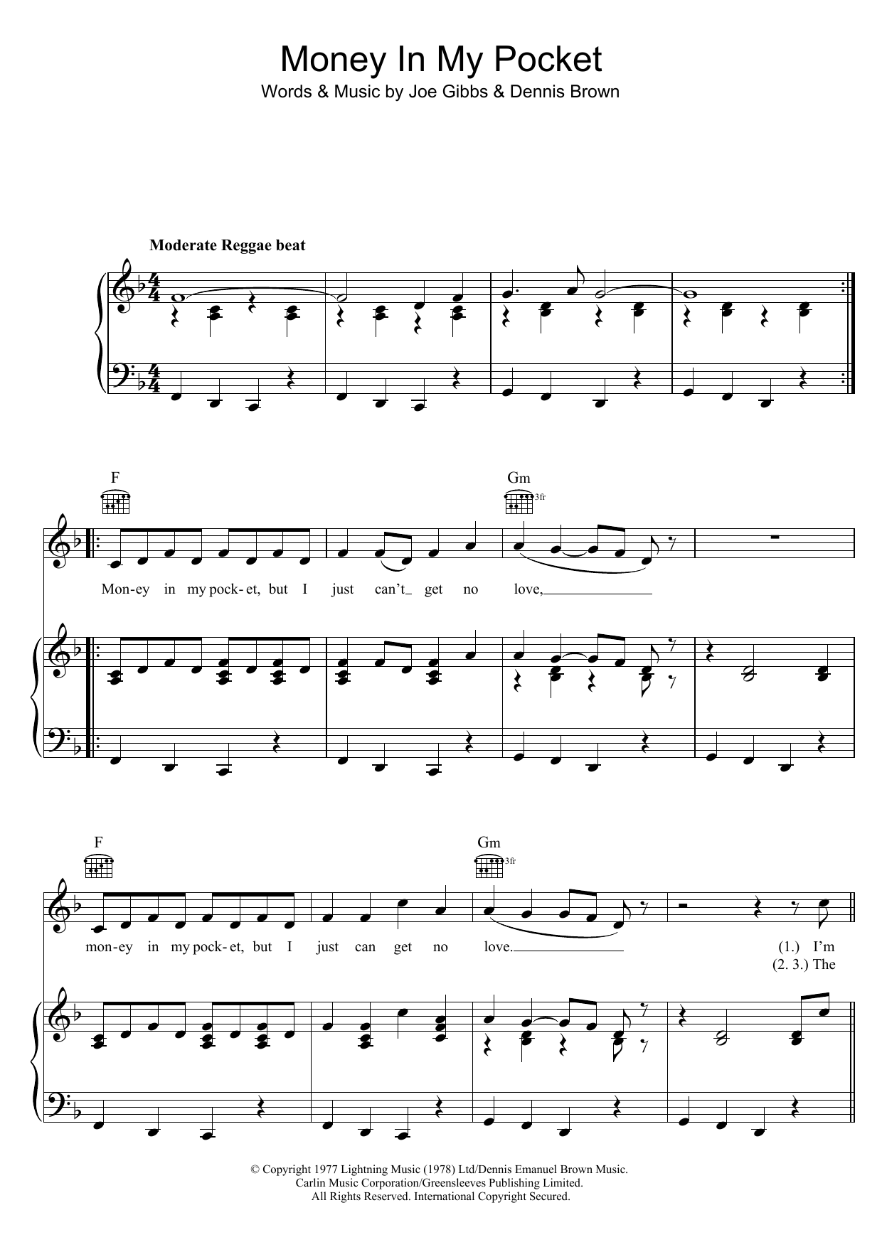 Dennis Brown Money In My Pocket Sheet Music Notes & Chords for Piano, Vocal & Guitar (Right-Hand Melody) - Download or Print PDF