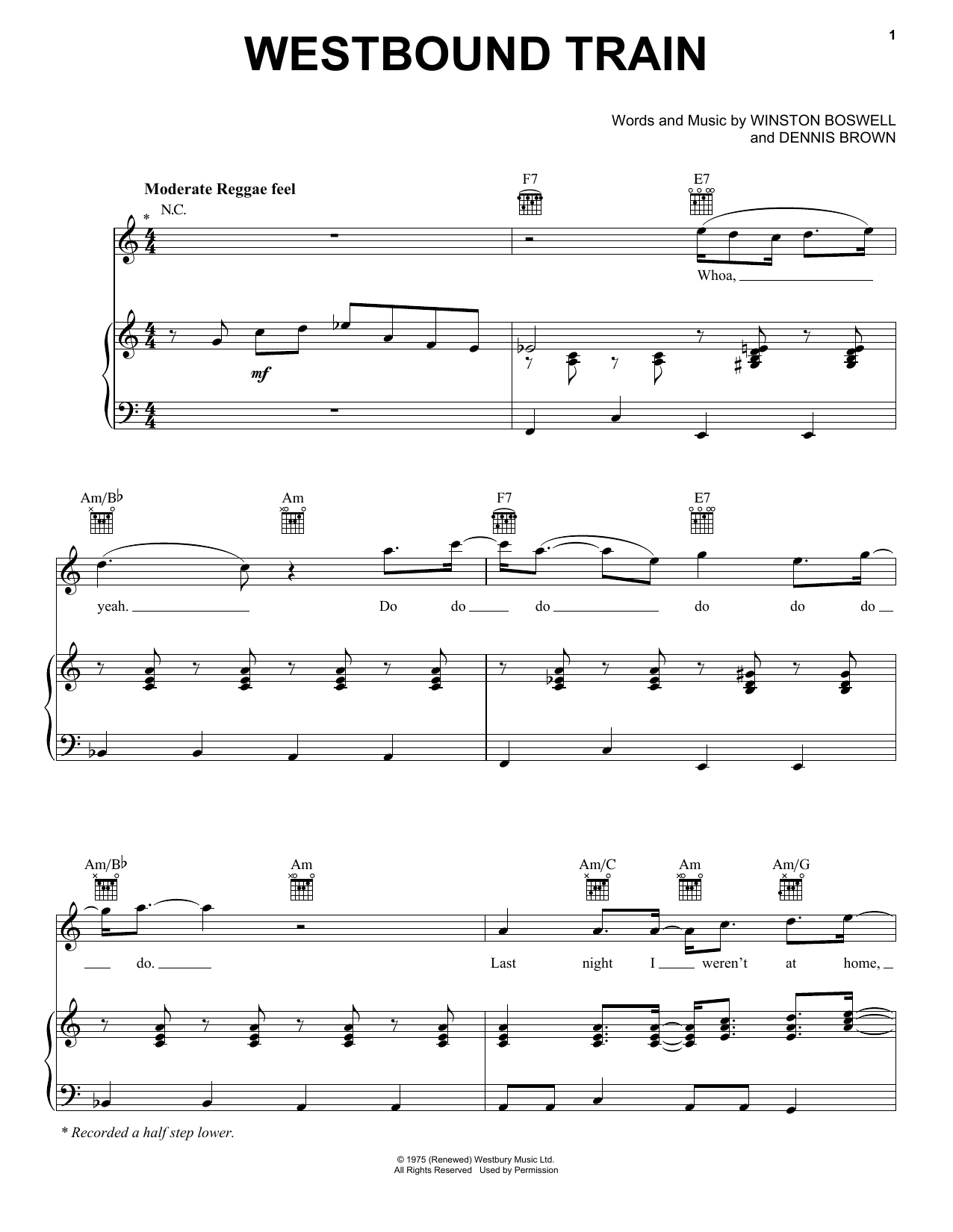 Dennis Brown Westbound Train Sheet Music Notes & Chords for Piano, Vocal & Guitar (Right-Hand Melody) - Download or Print PDF