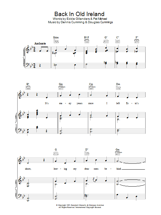 Dennis Cummings Back In Old Ireland Sheet Music Notes & Chords for Piano, Vocal & Guitar (Right-Hand Melody) - Download or Print PDF