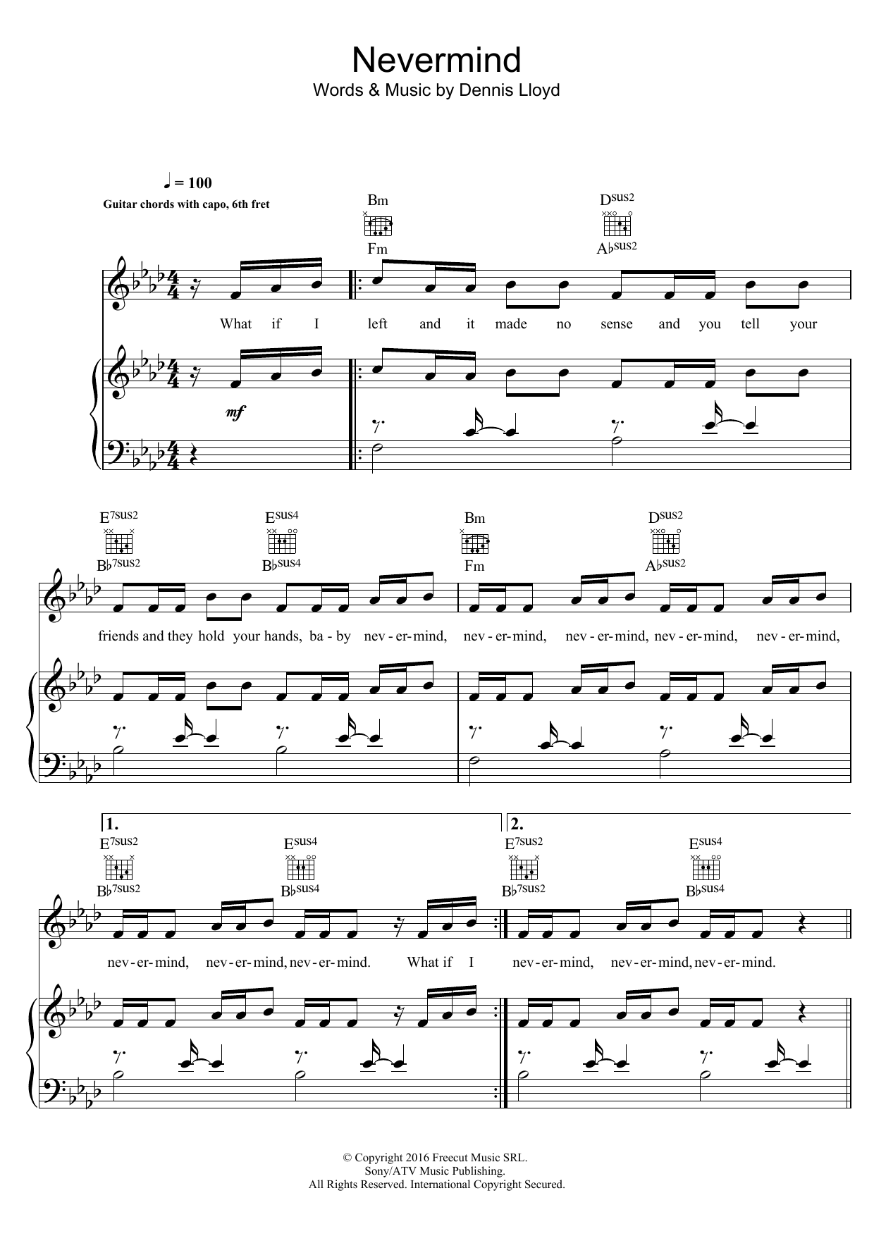 Dennis Lloyd Nevermind Sheet Music Notes & Chords for Piano, Vocal & Guitar (Right-Hand Melody) - Download or Print PDF