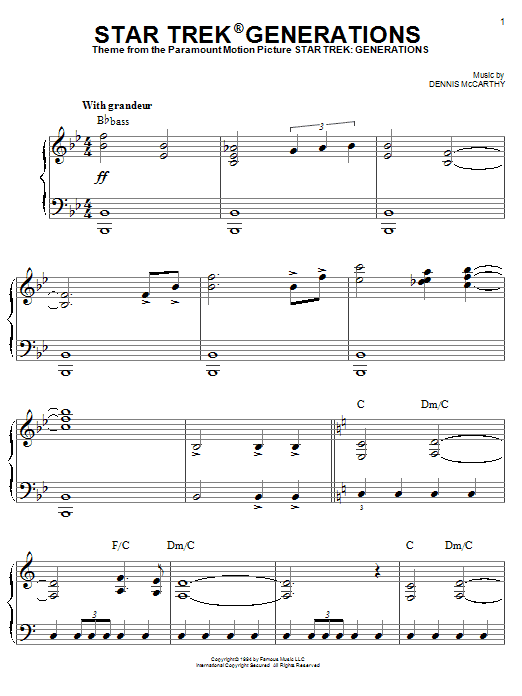 Dennis McCarthy Star Trek(R) Generations Sheet Music Notes & Chords for Piano - Download or Print PDF