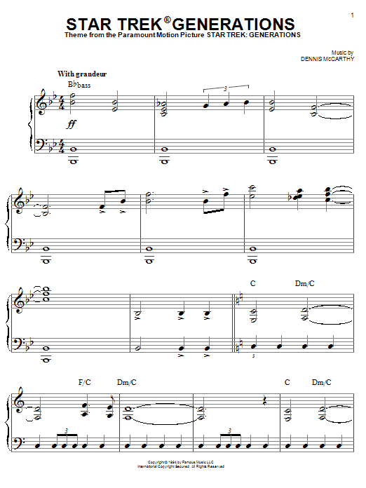 Dennis McCarthy Star Trek(R) Generations Sheet Music Notes & Chords for Easy Piano - Download or Print PDF