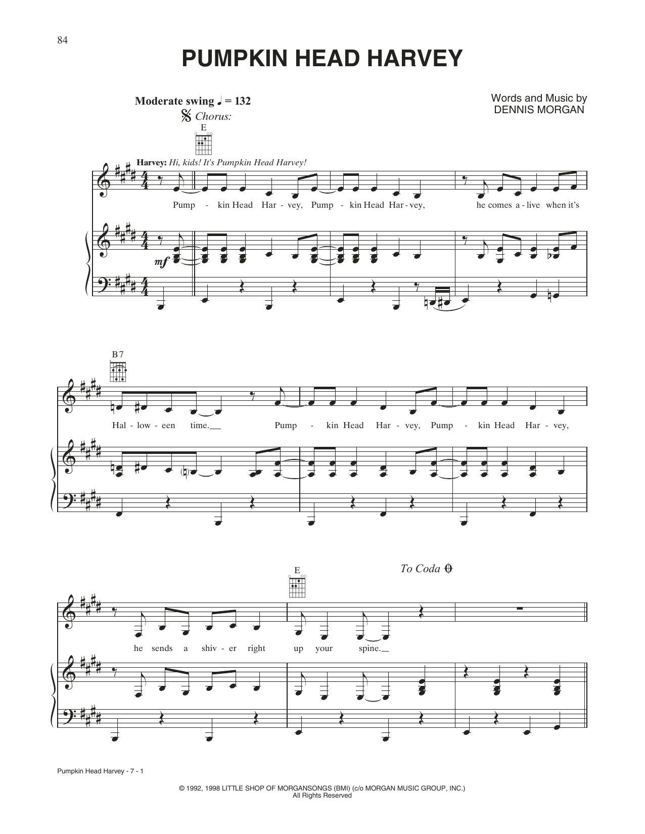 Dennis Morgan Pumpkin Head Harvey Sheet Music Notes & Chords for Piano, Vocal & Guitar Chords (Right-Hand Melody) - Download or Print PDF