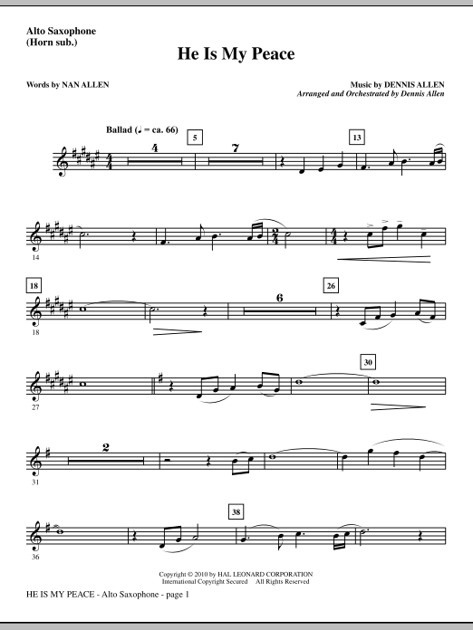 Preview Dennis Allen He Is My Peace - Alto Sax (sub. Horn) Contemporary sheet music, notes and chords for Choir Instrumental Pak, SKU: 295783 He Is My Peace - Alto Sax (sub. Horn) sheet music