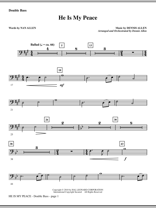 Preview Dennis Allen He Is My Peace - Double Bass Contemporary sheet music, notes and chords for Choir Instrumental Pak, SKU: 295782 He Is My Peace - Double Bass sheet music