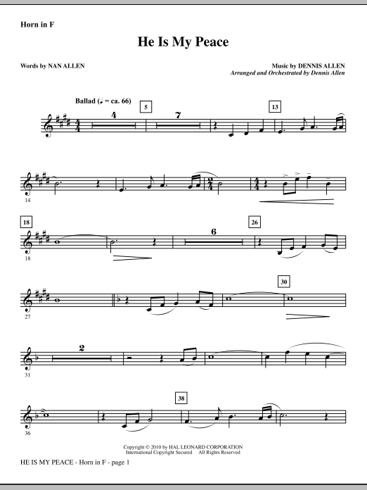 Preview Dennis Allen He Is My Peace - F Horn Contemporary sheet music, notes and chords for Choir Instrumental Pak, SKU: 295825 He Is My Peace - F Horn sheet music