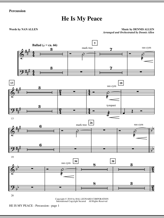 Preview Dennis Allen He Is My Peace - Percussion Contemporary sheet music, notes and chords for Choir Instrumental Pak, SKU: 295828 He Is My Peace - Percussion sheet music