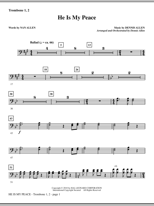 Preview Dennis Allen He Is My Peace - Trombone 1 & 2 Contemporary sheet music, notes and chords for Choir Instrumental Pak, SKU: 295826 He Is My Peace - Trombone 1 & 2 sheet music