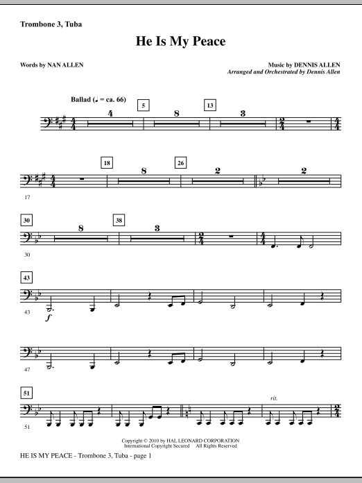 Preview Dennis Allen He Is My Peace - Trombone 3/Tuba Contemporary sheet music, notes and chords for Choir Instrumental Pak, SKU: 295827 He Is My Peace - Trombone 3/Tuba sheet music