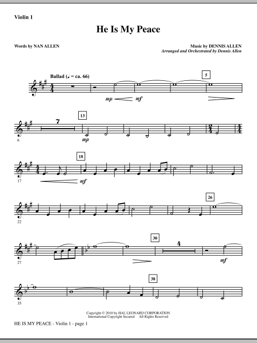 Preview Dennis Allen He Is My Peace - Violin 1 Contemporary sheet music, notes and chords for Choir Instrumental Pak, SKU: 295778 He Is My Peace - Violin 1 sheet music