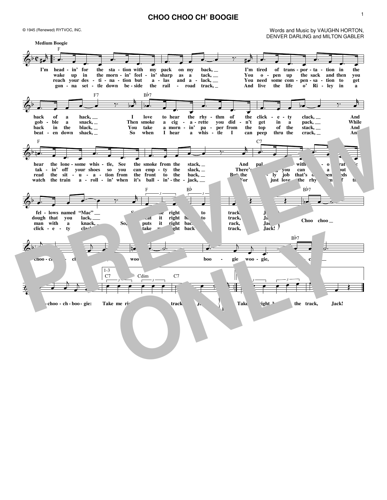 Denver Darling Choo Choo Ch' Boogie Sheet Music Notes & Chords for Melody Line, Lyrics & Chords - Download or Print PDF