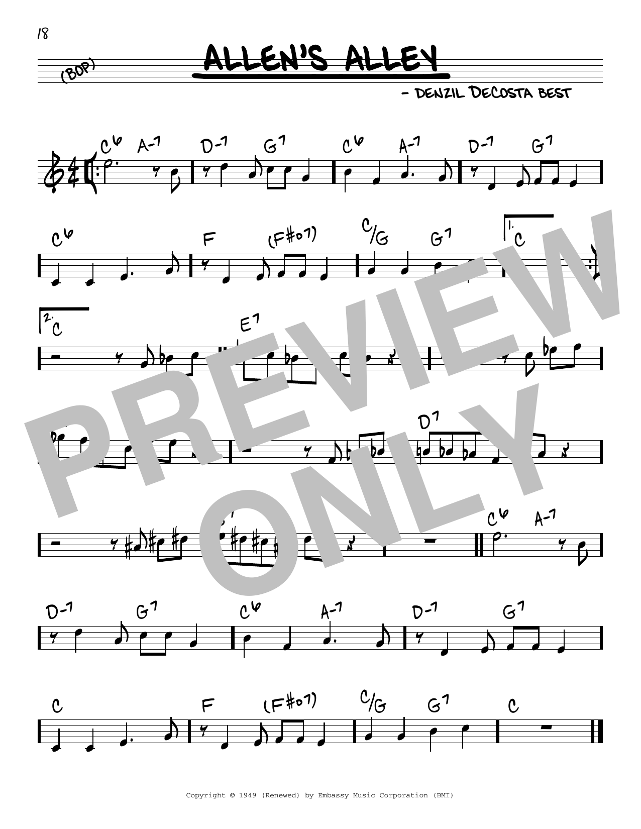 Denzil DeCosta Best Wee (Allen's Alley) Sheet Music Notes & Chords for Real Book – Melody & Chords - Download or Print PDF