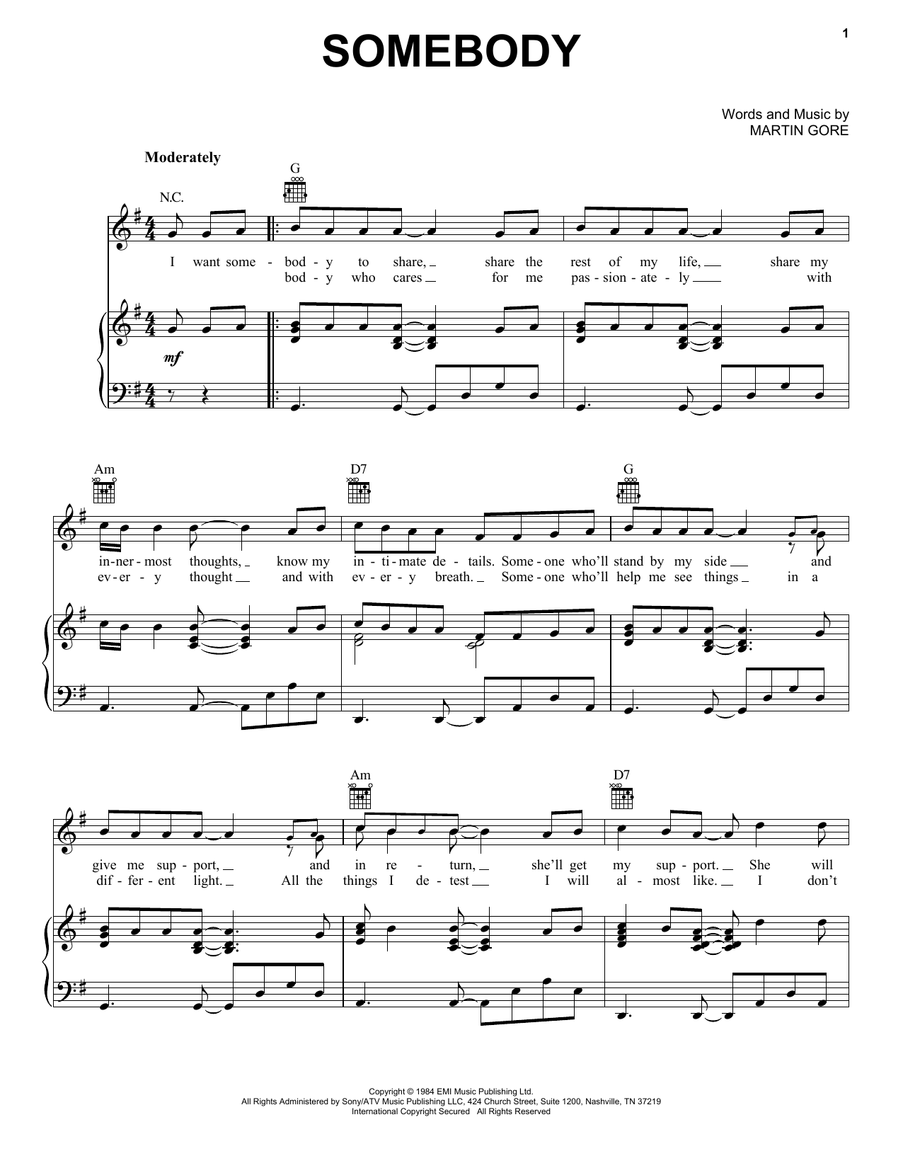 Depeche Mode Somebody Sheet Music Notes & Chords for Piano, Vocal & Guitar (Right-Hand Melody) - Download or Print PDF