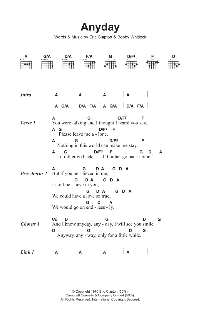 Eric Clapton Anyday Sheet Music Notes & Chords for Lyrics & Chords - Download or Print PDF