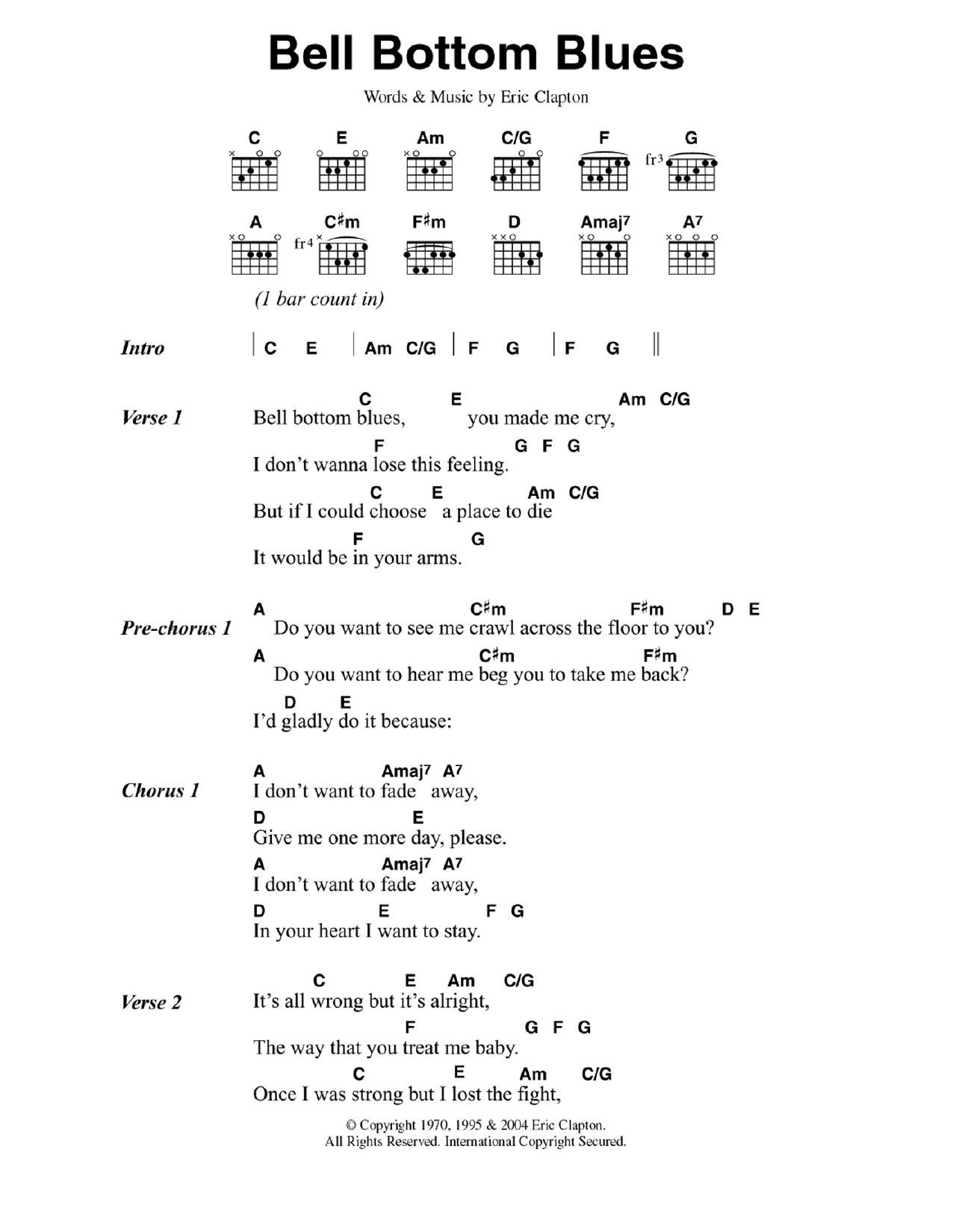 Eric Clapton Bell Bottom Blues Sheet Music Notes & Chords for Piano, Vocal & Guitar (Right-Hand Melody) - Download or Print PDF