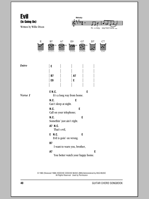 Eric Clapton Evil (Is Going On) Sheet Music Notes & Chords for Lyrics & Chords - Download or Print PDF