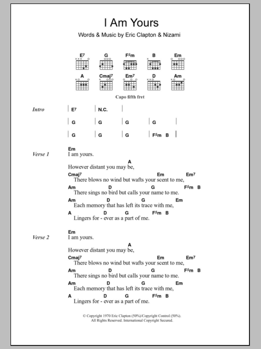 Eric Clapton I Am Yours Sheet Music Notes & Chords for Lyrics & Chords - Download or Print PDF