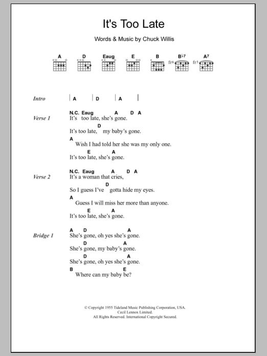 Eric Clapton It's Too Late Sheet Music Notes & Chords for Lyrics & Chords - Download or Print PDF