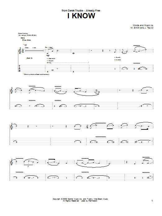 Derek Trucks I Know Sheet Music Notes & Chords for Guitar Tab - Download or Print PDF