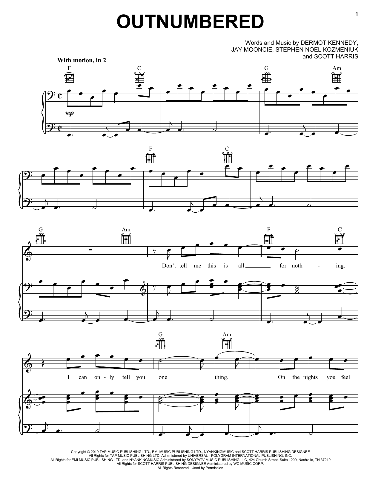 Dermot Kennedy Outnumbered Sheet Music Notes & Chords for Piano, Vocal & Guitar (Right-Hand Melody) - Download or Print PDF
