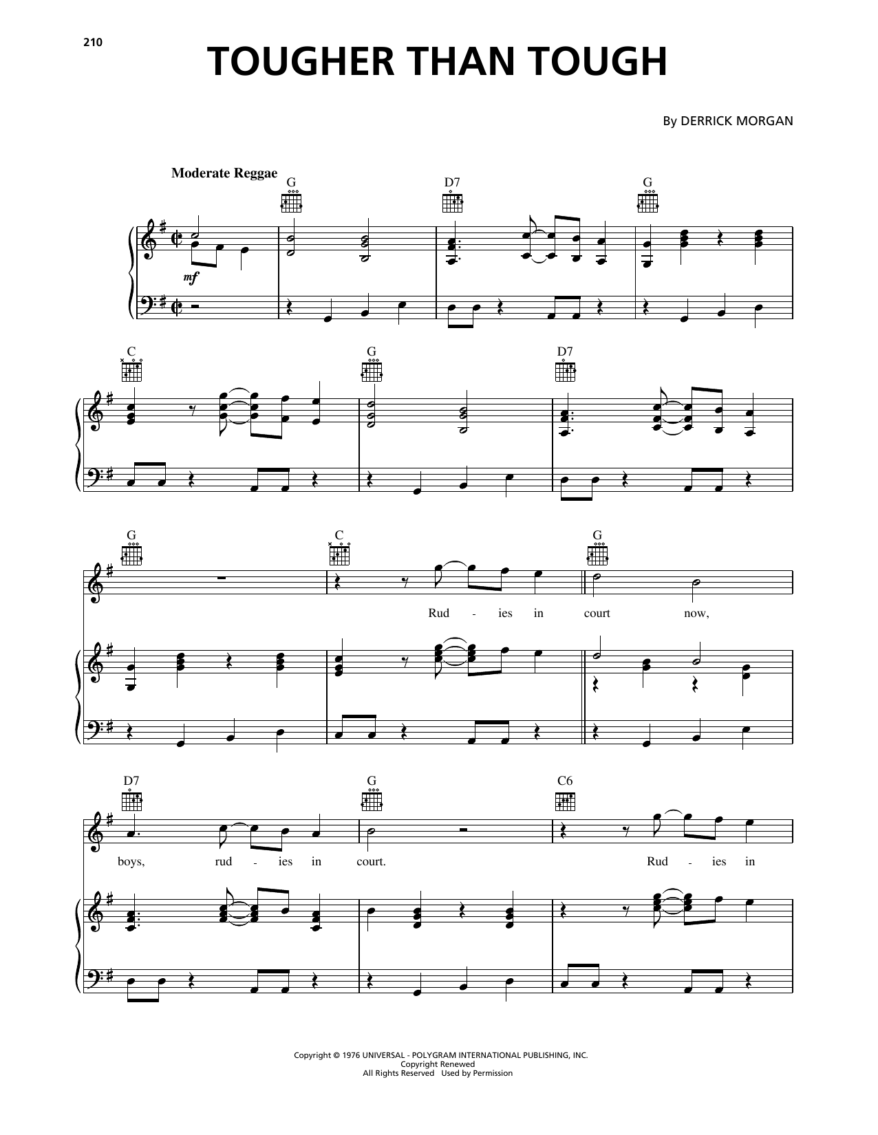 Derrick Morgan Tougher Than Tough Sheet Music Notes & Chords for Piano, Vocal & Guitar Chords (Right-Hand Melody) - Download or Print PDF